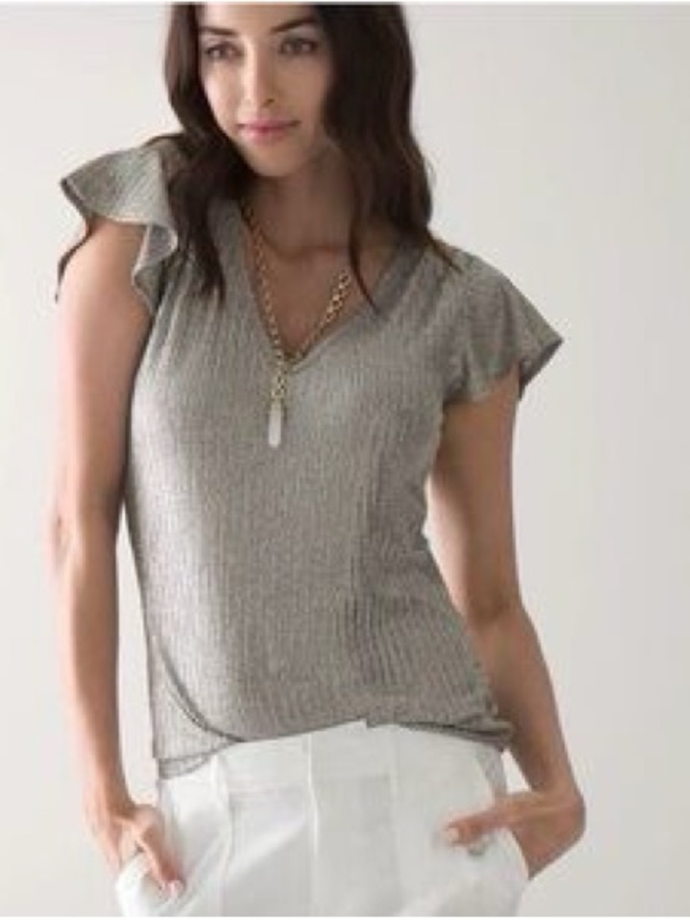 WHBM Metallic Ruffle Sleeve Top XS